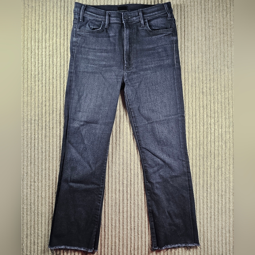 Mother The Hustler Ankle Fray Jeans Womens 31 Black High Rise Raw Stretch Denim